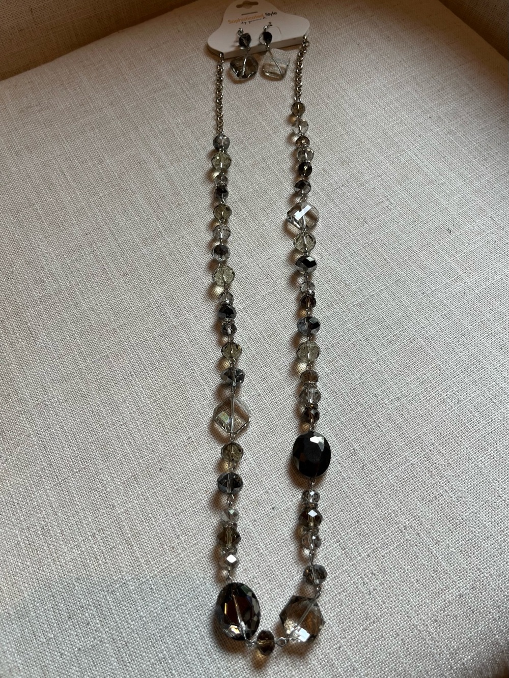 Faceted Smoky Bead Long Necklace and Earring Set - Gray